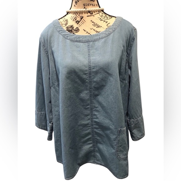 Joan Rivers Celebrity Large Denim Women's Blue Top Lagenlook Pocket - Picture 1 of 7